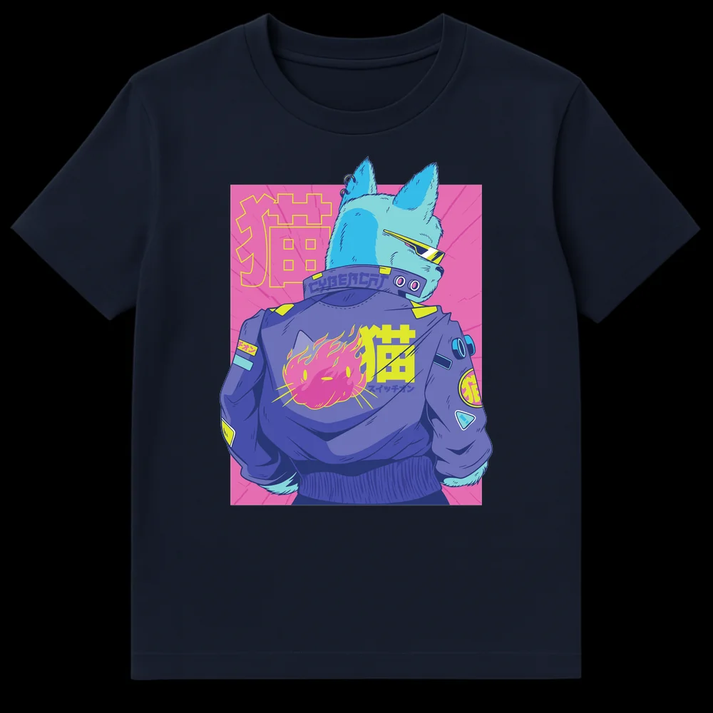 Neon Cybercat T-Shirt with electric blue cat, pink flames, and Japanese text '貓' and 'スイッチオン' in a synthwave style. on Navy Blue t-shirt