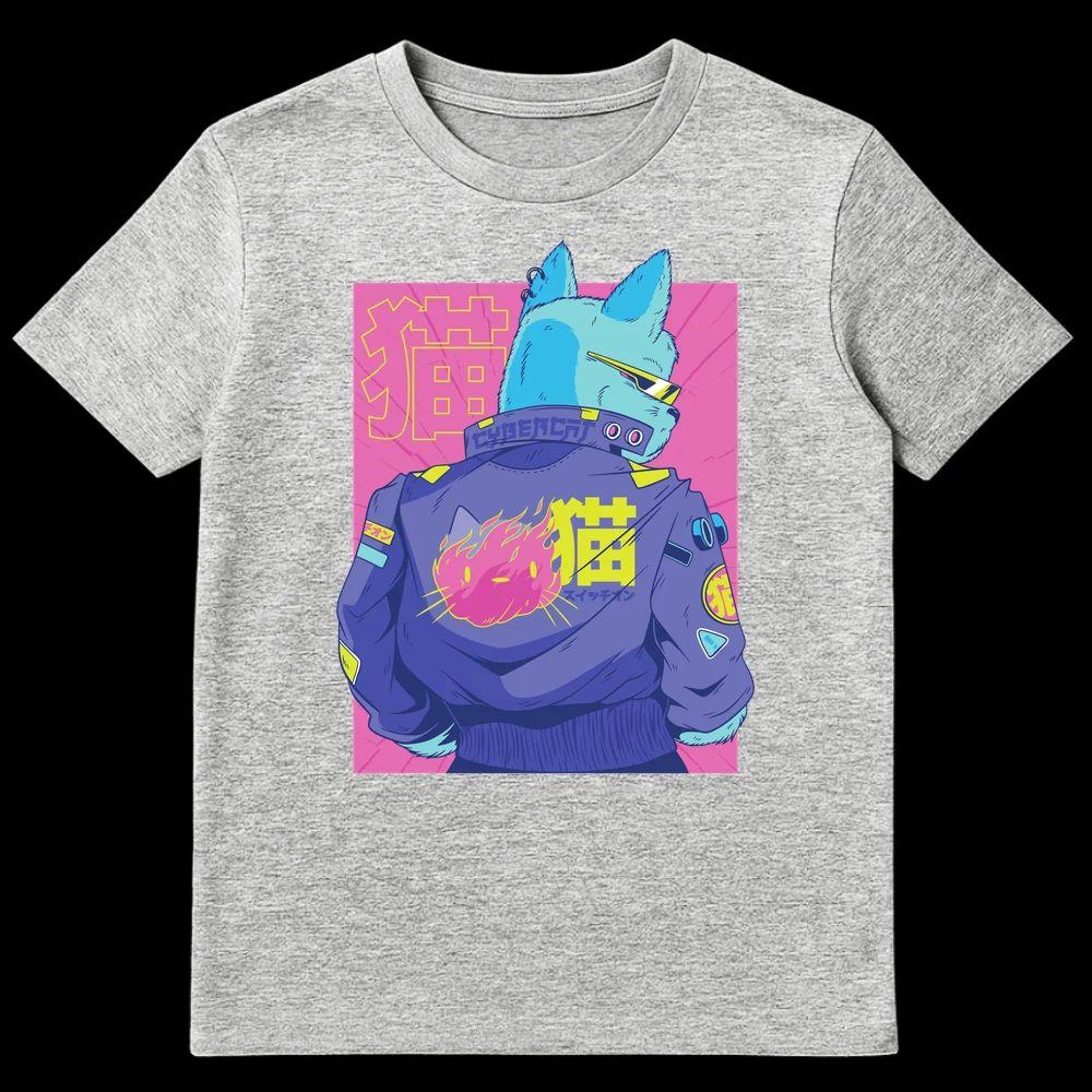 Neon Cybercat T-Shirt with electric blue cat, pink flames, and Japanese text '貓' and 'スイッチオン' in a synthwave style. on Sports Grey t-shirt