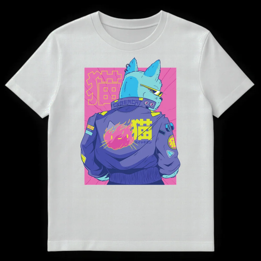 Neon Cybercat T-Shirt with electric blue cat, pink flames, and Japanese text '貓' and 'スイッチオン' in a synthwave style. on White t-shirt
