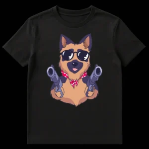 Cartoon German Shepherd dog wearing sunglasses and red bandana, playfully holding two guns with tongue out, on a black t-shirt. on Black t-shirt