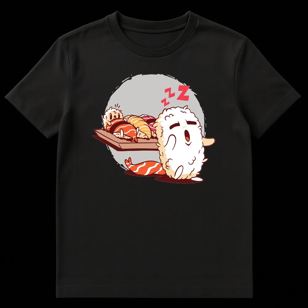 Cute cartoon t-shirt design with sleepy sushi characters napping on a board with ZZZ text. on Black t-shirt
