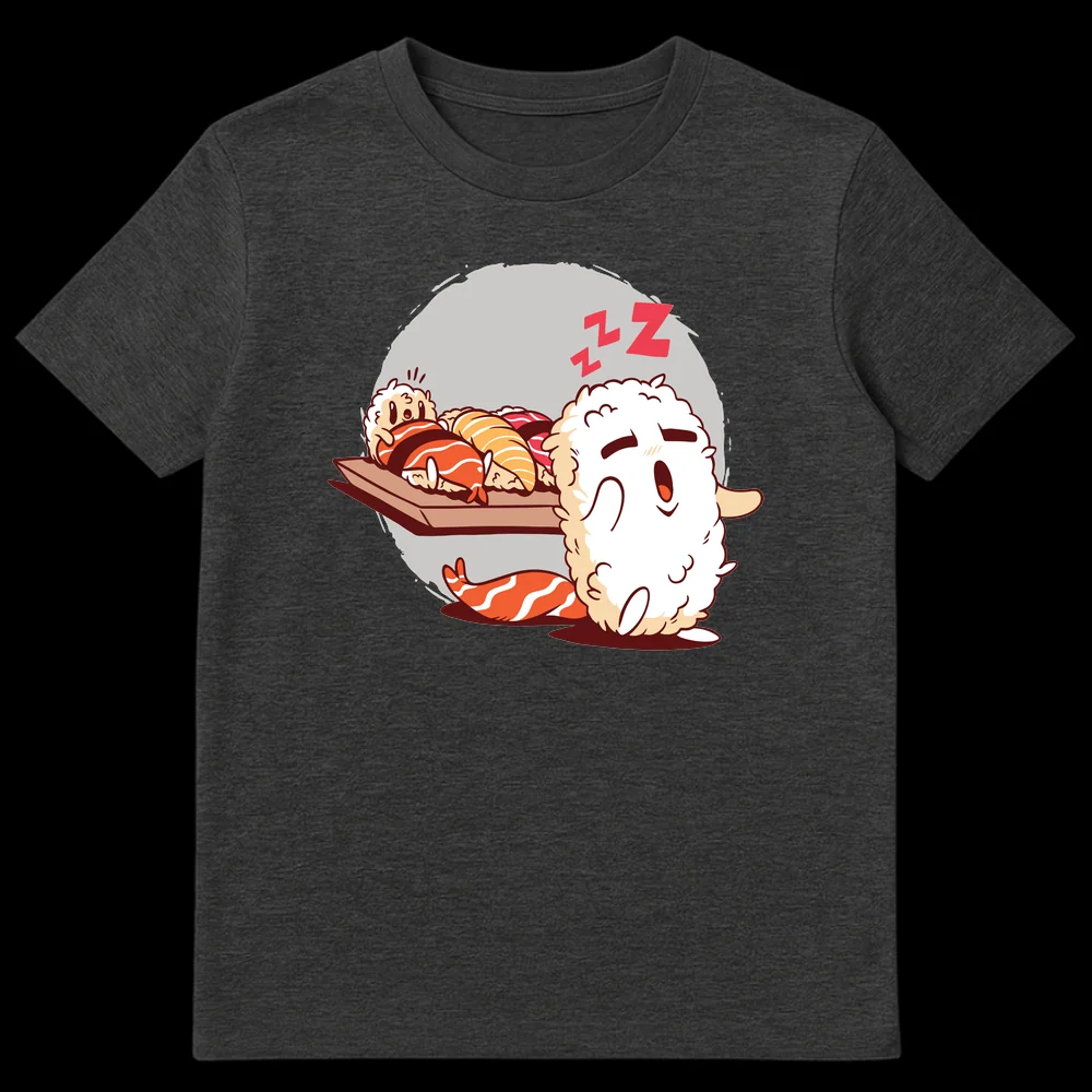Cute cartoon t-shirt design with sleepy sushi characters napping on a board with ZZZ text. on Dark Heather t-shirt