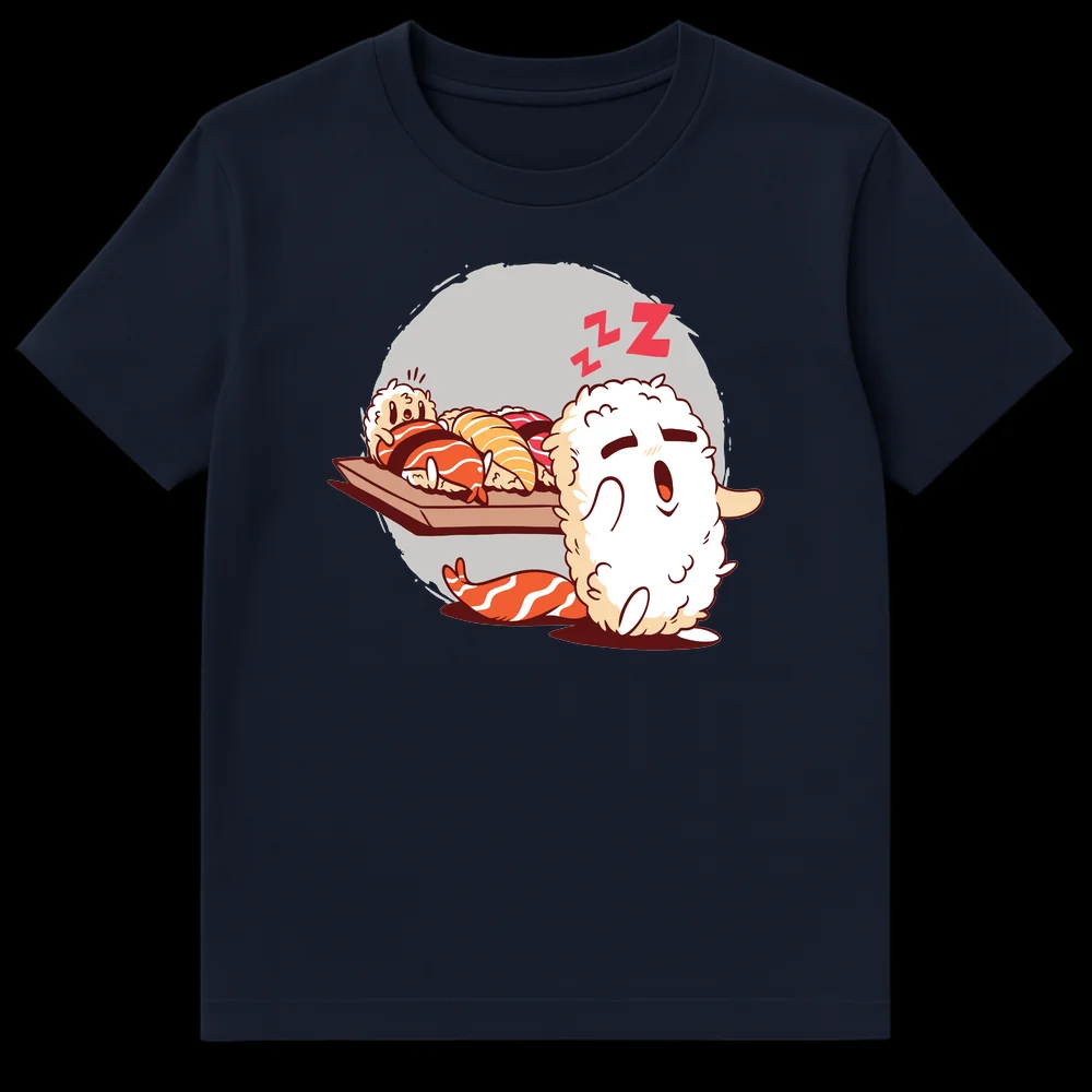 Cute cartoon t-shirt design with sleepy sushi characters napping on a board with ZZZ text. on Navy Blue t-shirt