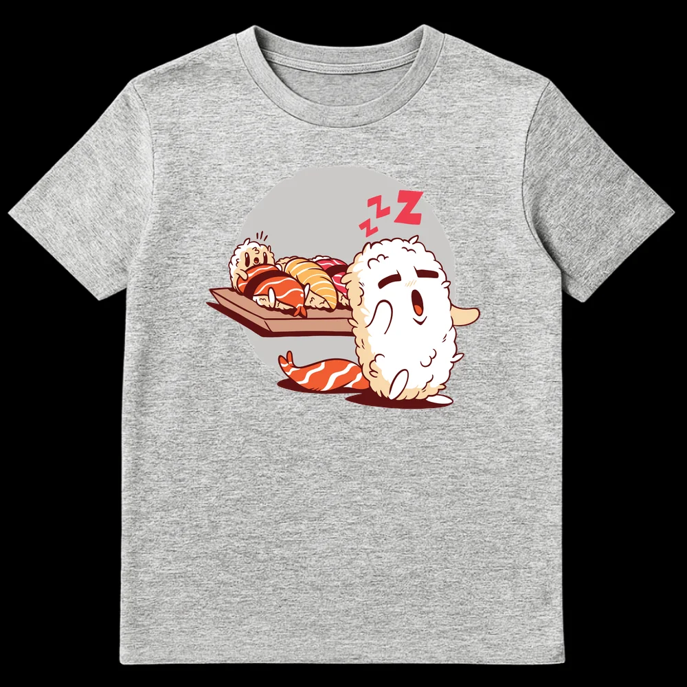 Cute cartoon t-shirt design with sleepy sushi characters napping on a board with ZZZ text. on Sports Grey t-shirt