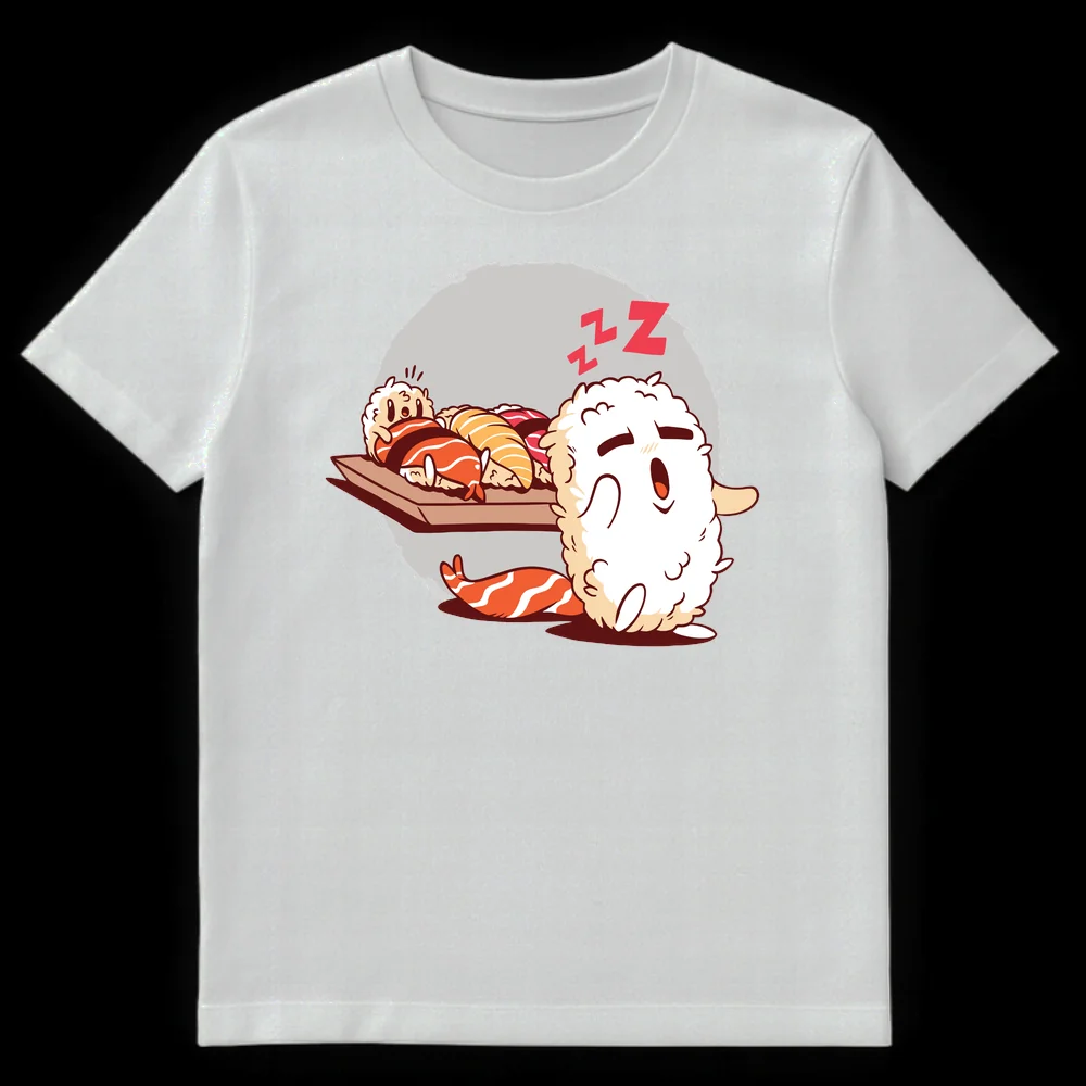 Cute cartoon t-shirt design with sleepy sushi characters napping on a board with ZZZ text. on White t-shirt