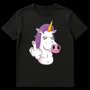 Cartoon unicorn with purple mane and golden horn, giving the middle finger with an exasperated expression on a black background on Black t-shirt