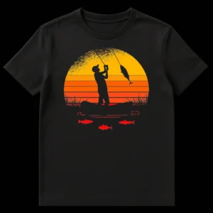 Retro sunset fishing t-shirt featuring a silhouette of a fisherman reeling in a large fish against a striped orange and yellow sunset background with smaller red fish underwater. on Black t-shirt