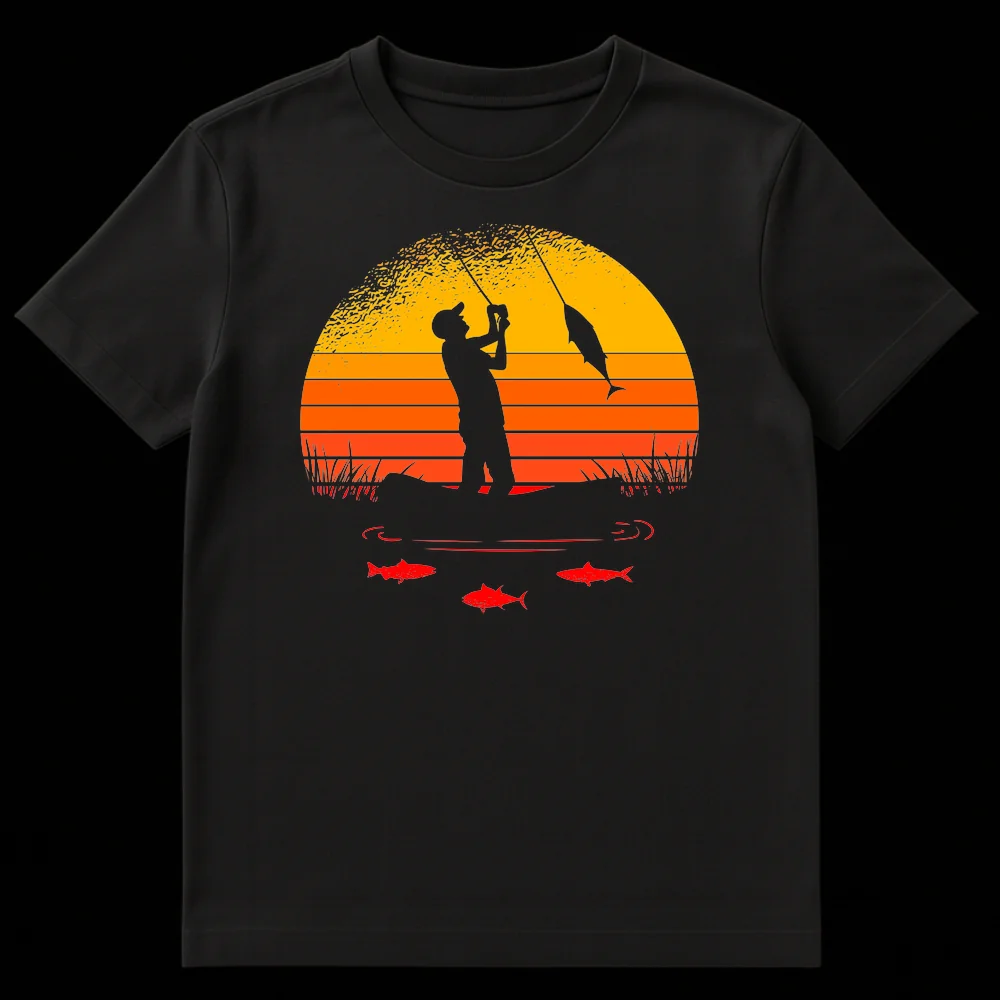Retro sunset fishing t-shirt featuring a silhouette of a fisherman reeling in a large fish against a striped orange and yellow sunset background with smaller red fish underwater. on Black t-shirt