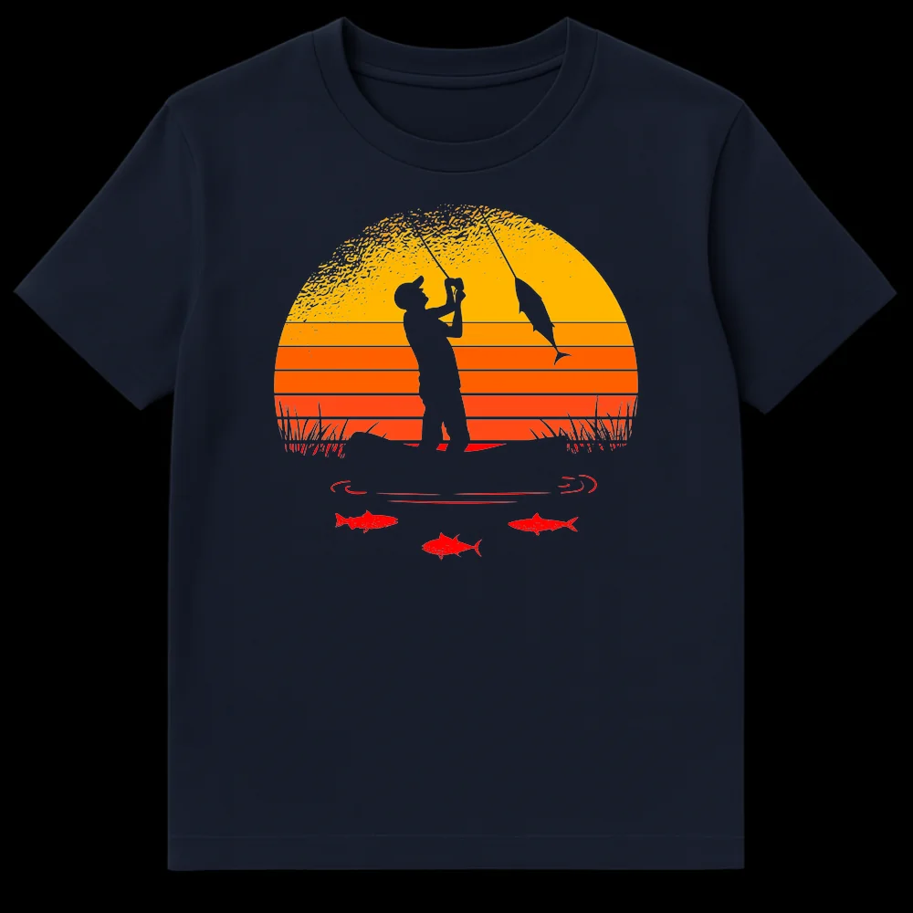 Retro sunset fishing t-shirt featuring a silhouette of a fisherman reeling in a large fish against a striped orange and yellow sunset background with smaller red fish underwater. on Navy Blue t-shirt