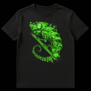 Vibrant green mechanical chameleon t-shirt design with steampunk and cyberpunk elements on a black background on Black t-shirt