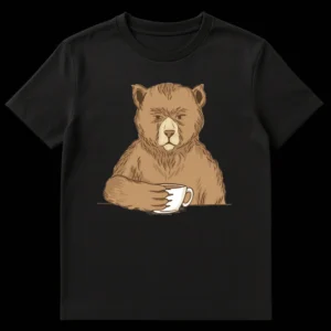 Grumpy brown bear holding a white coffee mug, looking unamused, on a black background on Black t-shirt