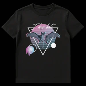 I Love Bats Vaporwave Synthwave Retro 80s T-Shirt with distressed bat and pink blue gradient on Black t-shirt