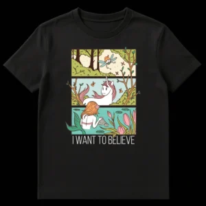 Fantasy 'I Want To Believe' t-shirt with fairy, unicorn, and mermaid comic panels in a hand-drawn style on Black t-shirt