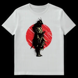 Samurai warrior silhouette t-shirt with red sun and grunge texture on White t-shirt