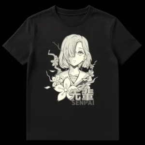 Anime style character in Japanese school uniform with 'Senpai' text and cherry blossoms on a t-shirt on Black t-shirt