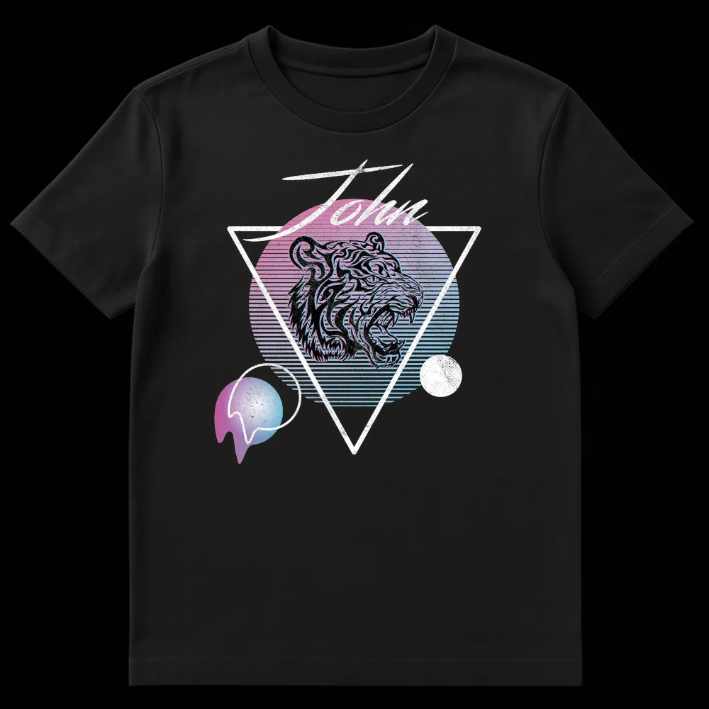 John Personalized Roaring Tiger Synthwave T-Shirt with neon pink and blue gradient, 80s retro-futuristic design, geometric shapes, and distressed texture on black background on Black t-shirt