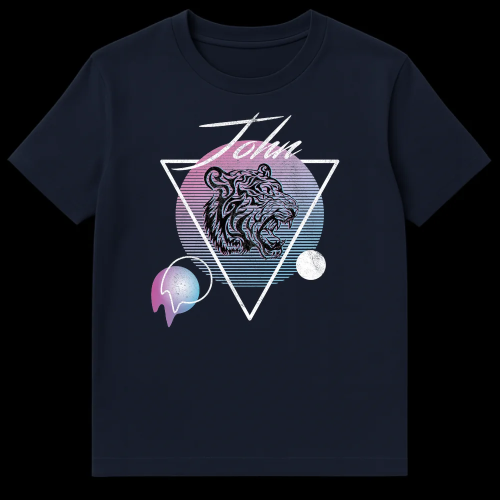 John Personalized Roaring Tiger Synthwave T-Shirt with neon pink and blue gradient, 80s retro-futuristic design, geometric shapes, and distressed texture on black background on Navy Blue t-shirt