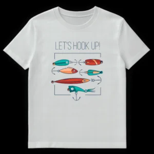 LET'S HOOK UP! fishing t-shirt with colorful fishing lures and hooks graphic on White t-shirt