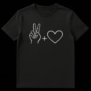 Minimalist black and white t-shirt design with a hand making a peace sign, a plus sign, and a heart outline. on Black t-shirt