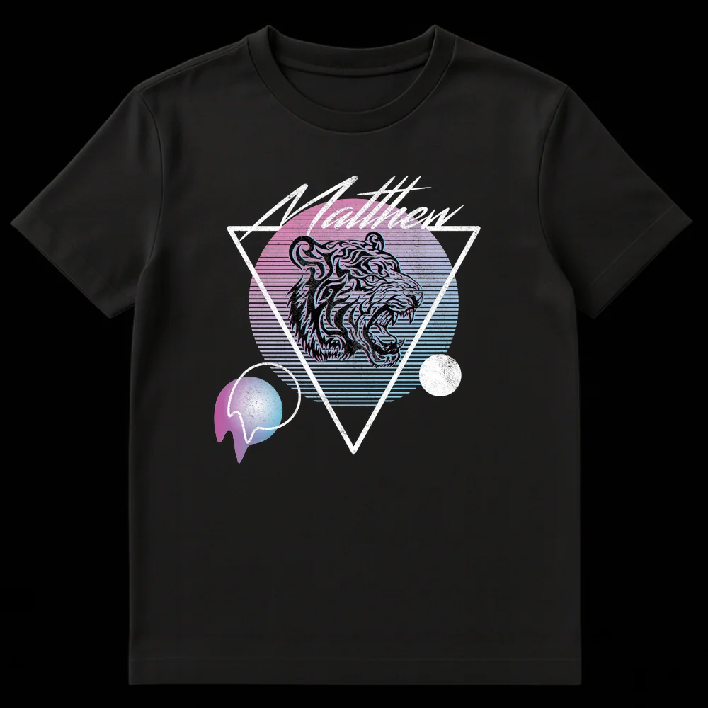 Vaporwave Matthew T-Shirt with neon glitch tiger, distressed geometric shapes, and a pink to blue gradient background on Black t-shirt