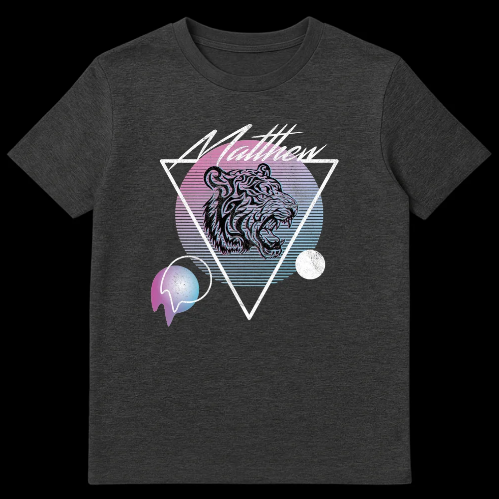 Vaporwave Matthew T-Shirt with neon glitch tiger, distressed geometric shapes, and a pink to blue gradient background on Dark Heather t-shirt