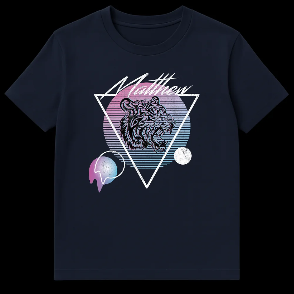 Vaporwave Matthew T-Shirt with neon glitch tiger, distressed geometric shapes, and a pink to blue gradient background on Navy Blue t-shirt