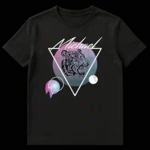 Michael Synthwave Tiger Sunset T-Shirt with roaring tiger, retro gradient, and 80s geometric shapes on Black t-shirt