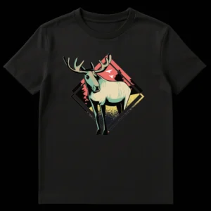 Retro Moose Landscape T-Shirt with a vintage style graphic of a majestic moose in a wilderness scene with pine trees and a coral sky on Black t-shirt