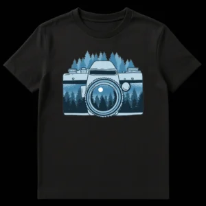Moonlit Forest Camera Lens T-Shirt design in monochromatic blue, showing a vintage camera with a forest landscape and moon visible through its lens. on Black t-shirt