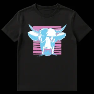 Front view of a black t-shirt featuring a graphic design of a stylized cow's head wearing oversized rectangular glasses, with a pink striped background in vaporwave style. on Black t-shirt