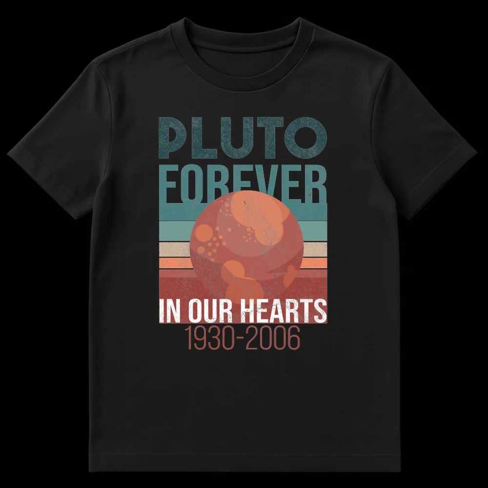 Distressed retro vintage Pluto Forever In Our Hearts 1930-2006 t-shirt graphic with Pluto planet on Black t-shirt