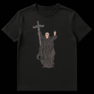 Dramatic graphic novel style illustration of an elderly monk in a brown robe holding a large Christian cross with a determined expression, suitable for a t-shirt design. on Black t-shirt