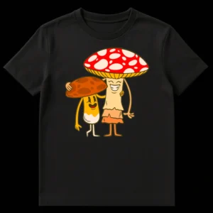 Whimsical cartoon t-shirt design featuring two anthropomorphic mushrooms, one red and one brown, happily embracing. on Black t-shirt