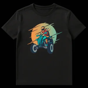 ATV rider t-shirt with a retro 80s style graphic of a quad bike in action against a gradient sunset on Black t-shirt