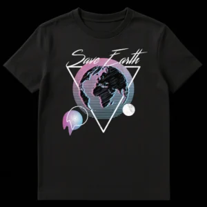 Save Earth synthwave t-shirt with glitch effect planet and retro geometric triangle in neon pink, cyan, and white on Black t-shirt