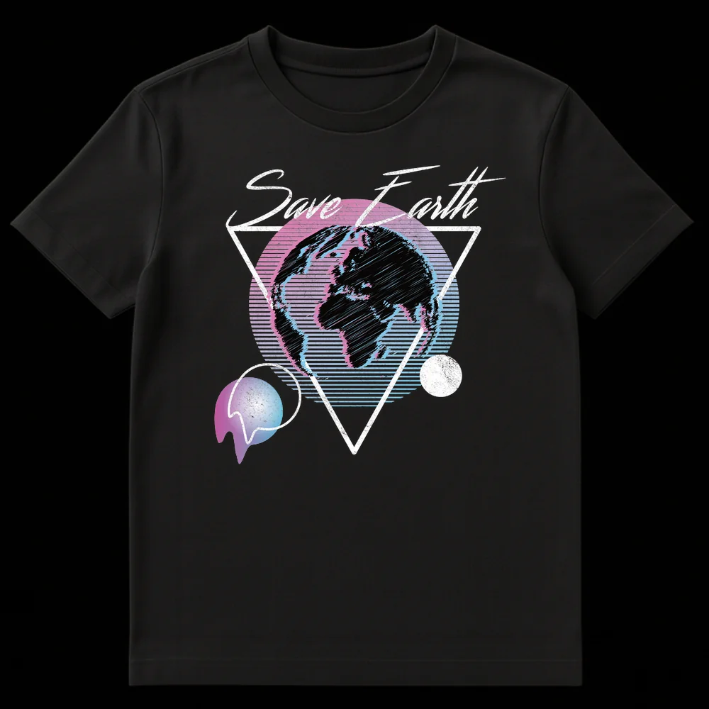 Save Earth synthwave t-shirt with glitch effect planet and retro geometric triangle in neon pink, cyan, and white on Black t-shirt
