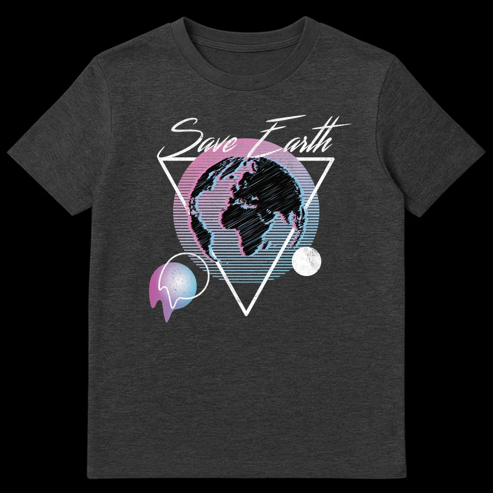 Save Earth synthwave t-shirt with glitch effect planet and retro geometric triangle in neon pink, cyan, and white on Dark Heather t-shirt
