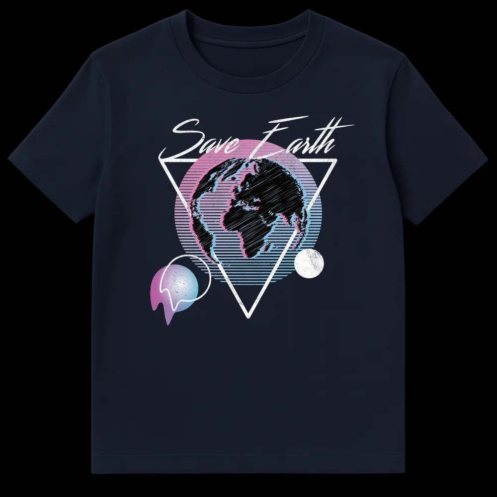 Save Earth synthwave t-shirt with glitch effect planet and retro geometric triangle in neon pink, cyan, and white on Navy Blue t-shirt