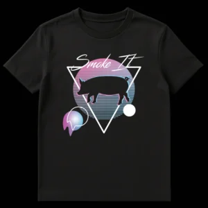 Smoke It T-shirt with a pig silhouette on a retro 80s Vaporwave background on Black t-shirt