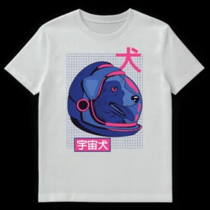 Blue and pink Synthwave Space Dog t-shirt with Japanese text, retrofuturistic canine astronaut on a grid background. on White t-shirt