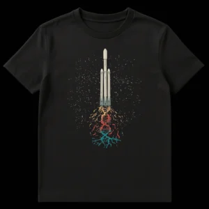Abstract rocket launch t-shirt design with organic root-like structures in gradient colors and a starry background for science and space enthusiasts. on Black t-shirt