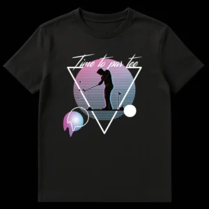 Retro 80s synthwave neon golf t-shirt with a golfer silhouette and 'Time to par tee' pun text on Black t-shirt