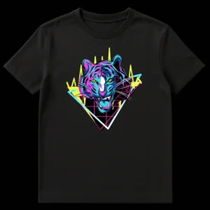 Neon Tiger Synthwave T-shirt with electric blue and pink tiger head, yellow sound waves, and 80s retro geometric patterns on a black background on Black t-shirt
