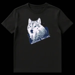 WILDLIFE MATTER t-shirt with majestic wolf head blended into a forest, green eyes, and flying birds graphic on a black background. on Black t-shirt