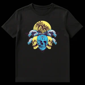 Vaporwave Skull T-Shirt with three skulls, all-seeing eye, sun, palm trees, and ocean waves in retro-futuristic colors on a black background on Black t-shirt