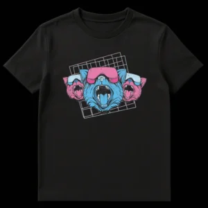 Three snarling wild cats wearing neon VR headsets, against a pink and blue wireframe grid on a black t-shirt, in Synthwave style on Black t-shirt