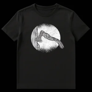 Norse Viking Axe embedded in a chopping block, detailed with Celtic knotwork and Art Nouveau patterns within a circular frame, grayscale t-shirt design. on Black t-shirt