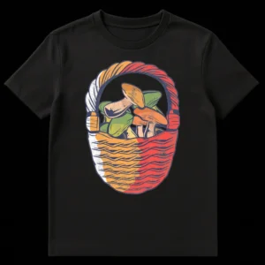 Vintage distressed graphic t-shirt featuring a basket overflowing with various types of wild mushrooms in earthy, retro colors against a black background. on Black t-shirt