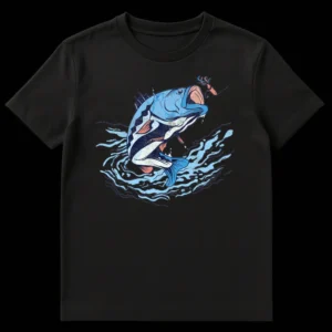 Distressed graphic t-shirt showing a large bass fish leaping out of blue water to strike a fishing lure, with a vintage grunge aesthetic. on Black t-shirt