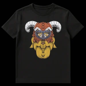 Detailed Viking warrior head t-shirt with a horned helmet, golden beard, and fierce eyes in a tattoo-style illustration on a black background on Black t-shirt